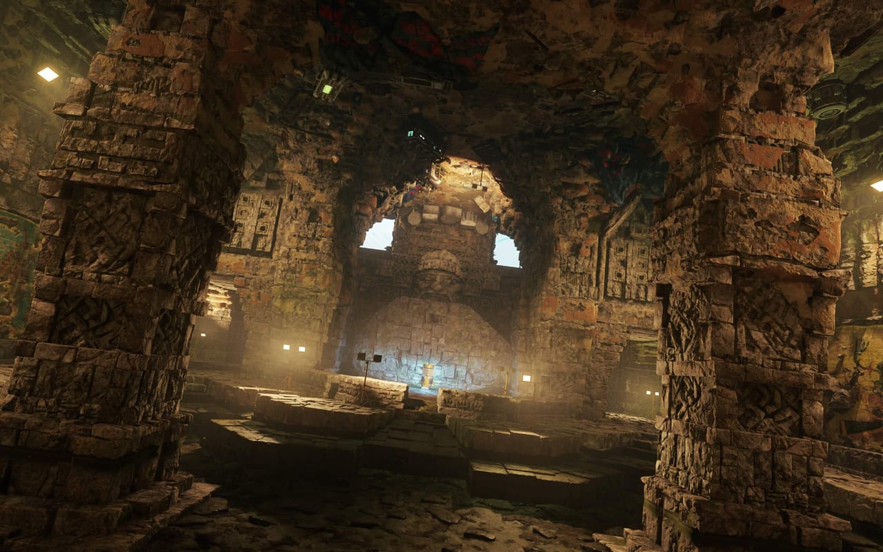 Breiter Active-Matter-Screenshot eines steinernen Ruineninneren als Raid-Schauplatz